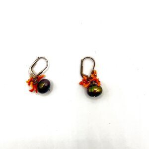 freshwater pearl black green coral earrings, sterling lever backs